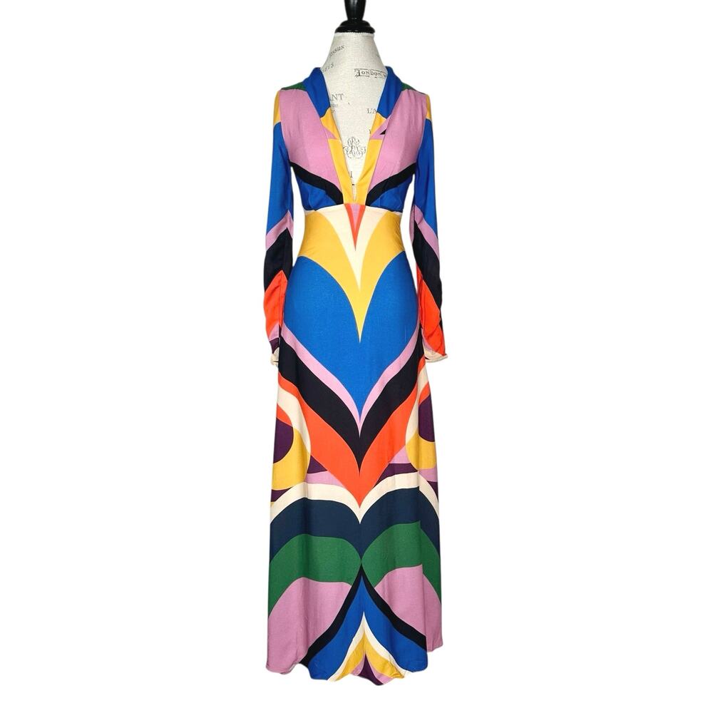 FARM Rio | Women | Multicolor Geometric Color Block Retro 60s Maxi Dress | XS - Picture 2 of 16